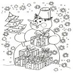Раскраска Снеговик с елкой и подарками